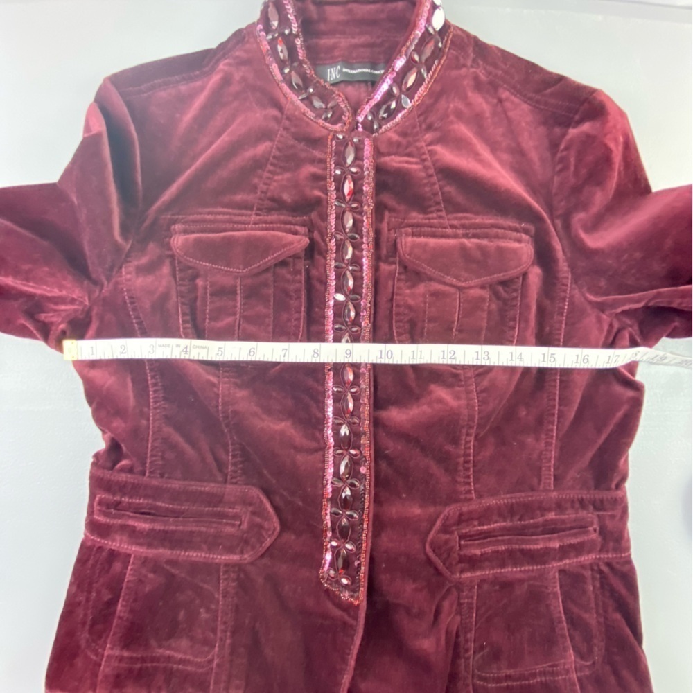 INC International Concepts Burgundy Maroon Velour Jeweled Jacket wms sz M - Picture 7 of 10
